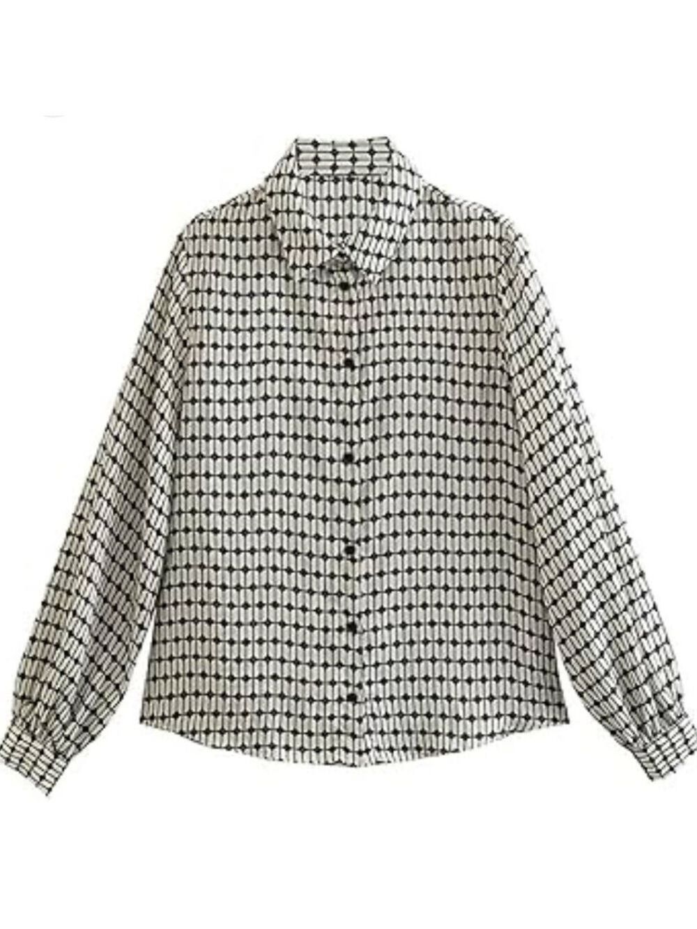 ZARA White & Black Geometric Print Button Down Blouse, Office, sz XS
